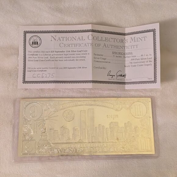 O1 2008 $20 SEPTEMBER 11 SILVER LEAF COIN-CERTIFIED - Picture 1 of 4